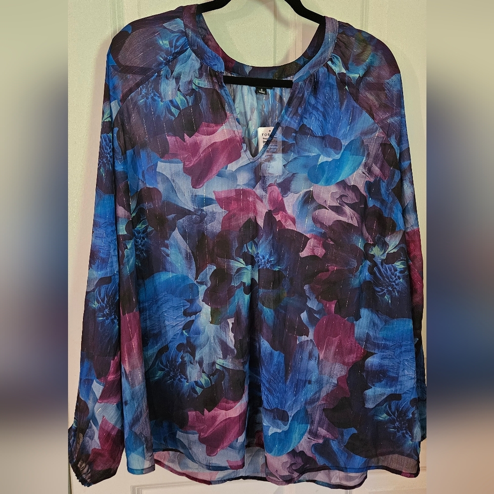Torrid 2X Blue Pink Floral Sheer Blouse NWOT